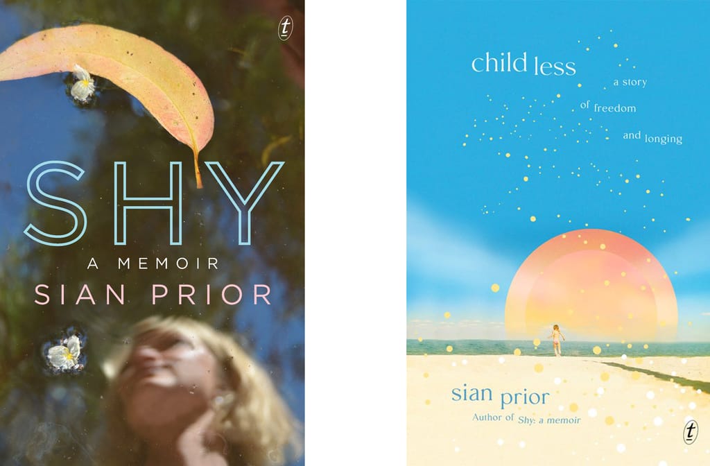The covers of Sian Prior's two books, 'Shy' and 'Childless'