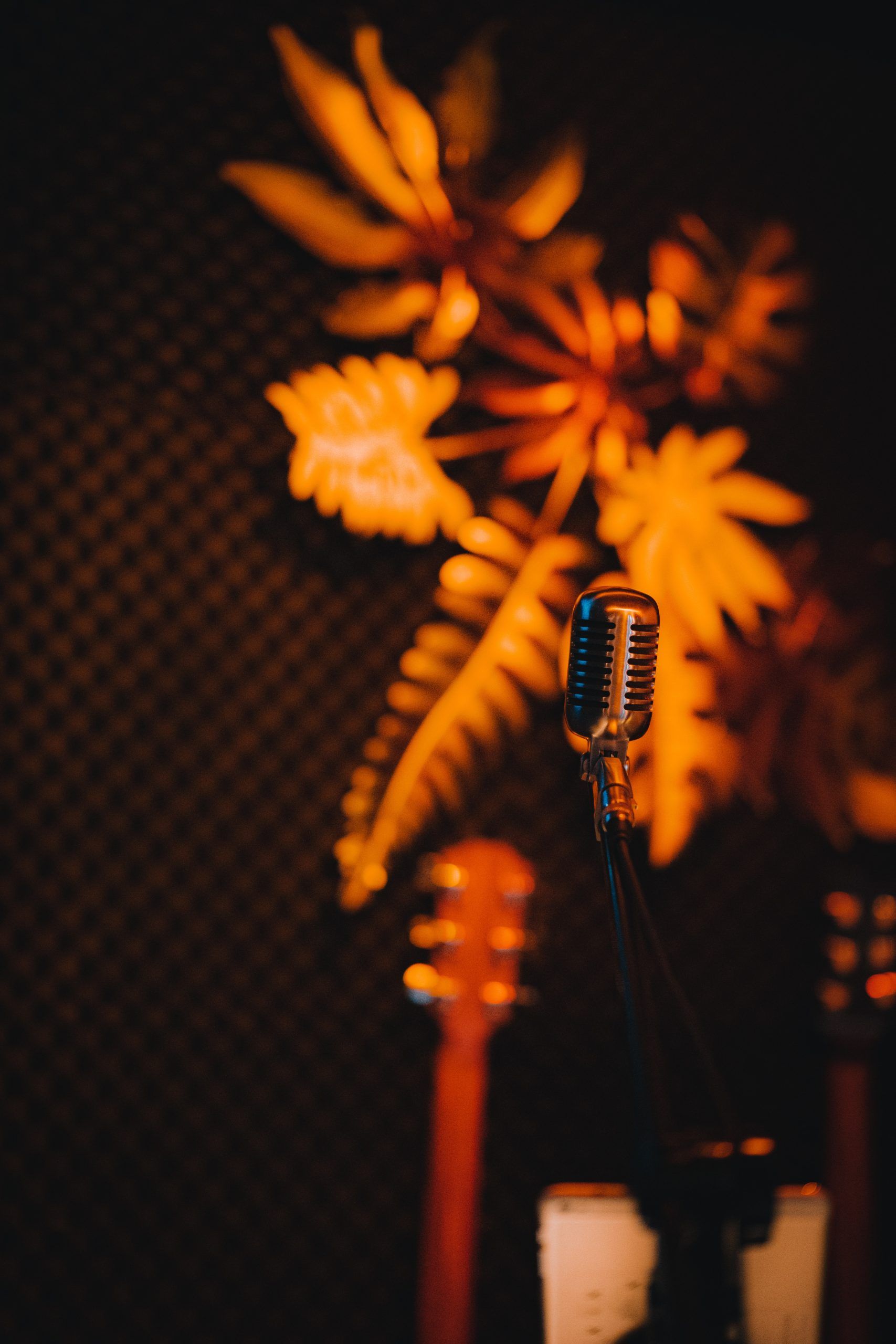 A ribbon microphone on a stage in front of a yellow tinted background of plants and leaves.