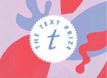 On a colourful background of pink and blue shapes and a white stamp with text that reads: The Text Prize.