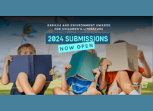 Children reading books with text overlayed: Karajia and Environment Awards for Children’s Literature 2024