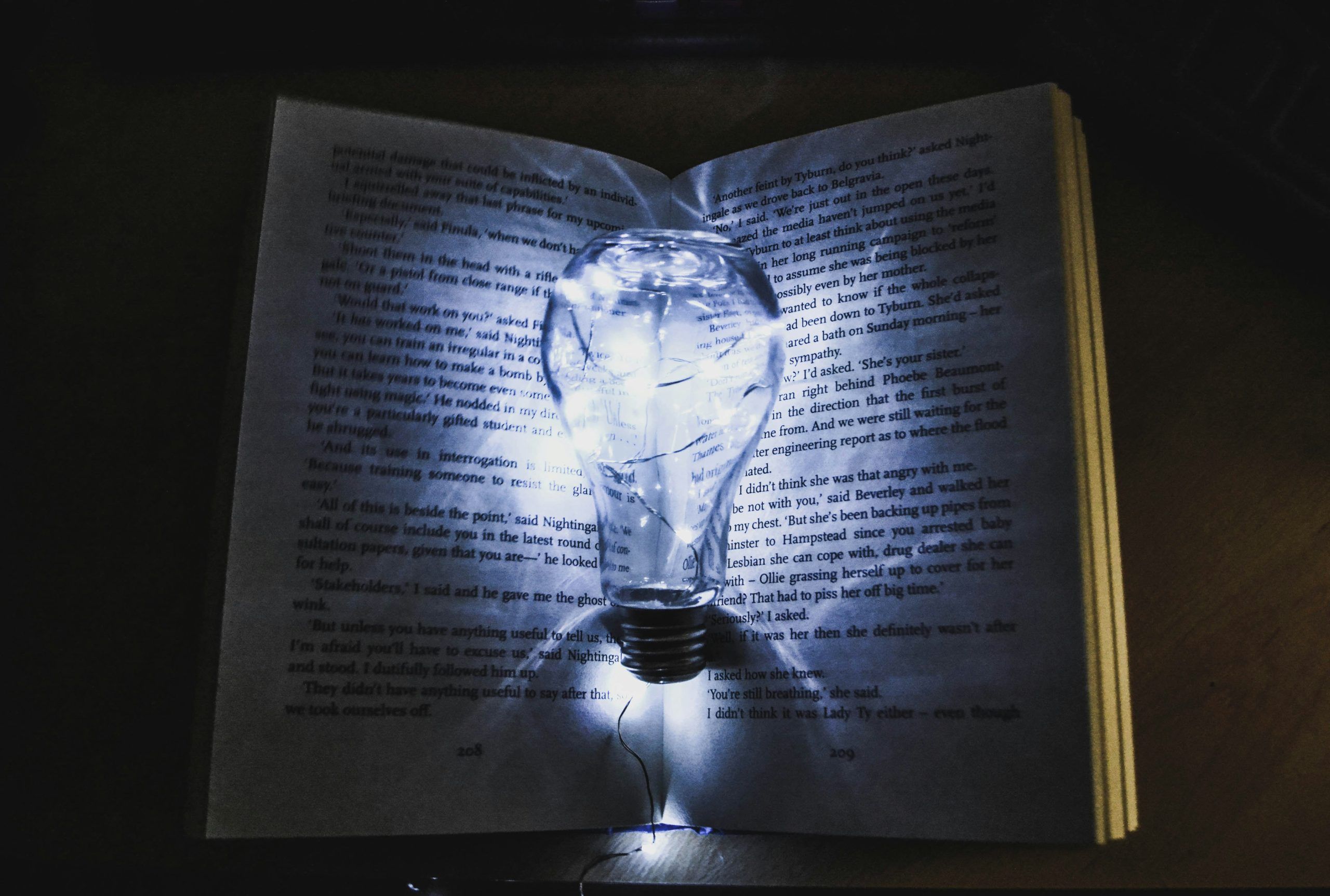A photo of a book with a light globe between its pages lighting up the words.
