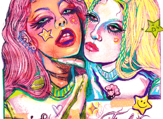 A colourful drawing of two feminine figures. The figure on the left has brown skin and pink hair and the figure on the right has white skin and yellow hair. Stars and hearts surround them. Bellow is text that reads: Strange Folds Zine Fair.