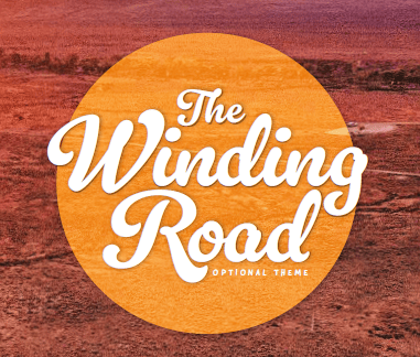 An orange circle with the words: The Winding Road optional theme against a backdrop of the Australian rural landscape