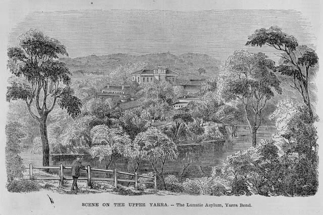 A black and white drawing of the Yarra Bend Lunatic Asylum, titled 'Scene on the Upper Yarra -- The Lunatic Asylum, Yarra Bend.' From 24 March, 1964.