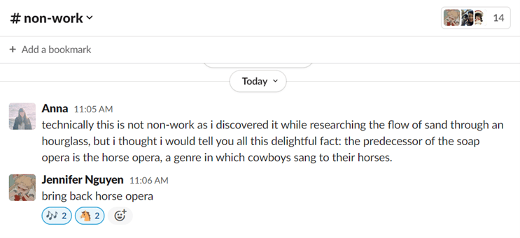 Screenshot of a Slack chat about researching hourglasses and soap operas