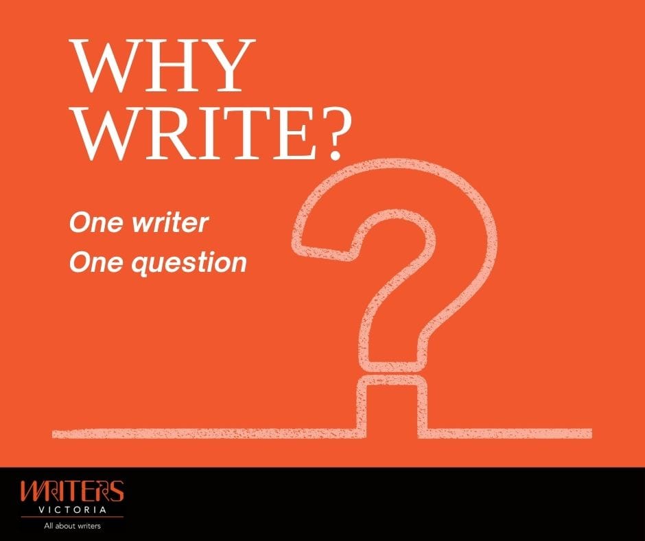 An orange square with a grey question mark. The Text reads "Why Write? One Writer. One Question"