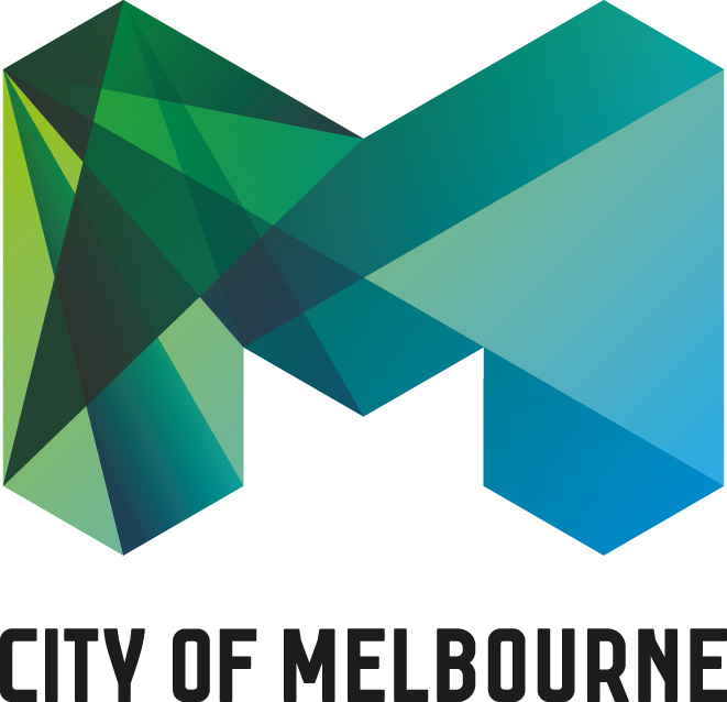 City of Melbourne logo. It's a big M made of lots of different shades of green, with the words City of Melbourne underneath.