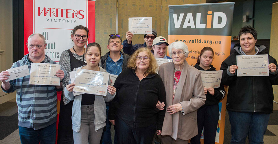 A photo of the 2018 Dulcie Stone Writing Award recipients with staff from Writers Victoria and VALiD and Dulcie Stone.
