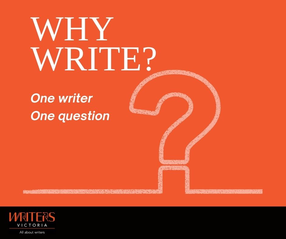 An orange square with a grey question mark. The Text reads "Why Write? One Writer. One Question"