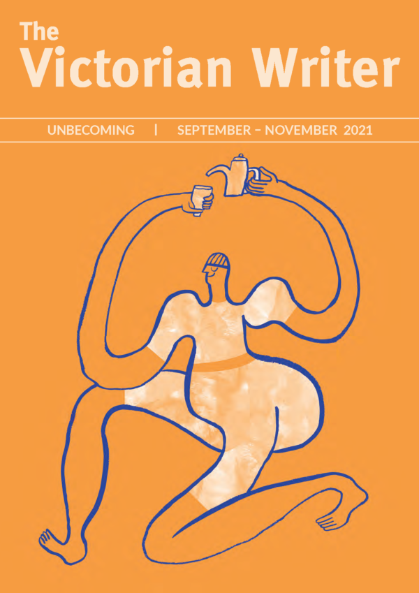 An orange background with a blue/purple Picasso-esque wavy form of a body. The text reads "The Victorian Writer. Unbecoming. September - November 2021"