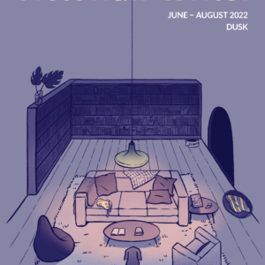 A purple and orange duotone cover. The text reads "The Victorian Writer, June - August 2022. Dusk". The image is of a dog's back. The dog surveys an empty living room, where a sock and a toy have likely been misplaced (by the dog). A book is open on the table and there is a bookshelf in the background:. A bean bag, armchair, and comfy looking couch are visible, as is a dog bed, and a side table with a picture of a family on it. A dog bowl in the background tells you that the dog's name is "Clancy".