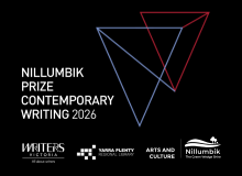Blue and red geometric triangular shapes adorn a black background. Text reads: Nillumbik Prize for Contemporary Writing 2026. Logos featured: Writers Victoria, Yarra Plenty Regional Library, Nillumbik Shire Council.