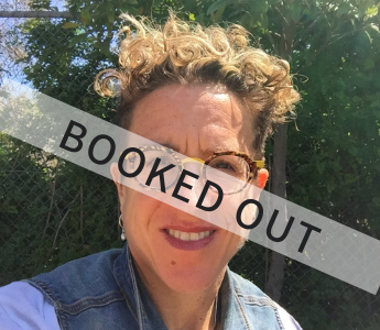 A photo of Nadine Davidoff, with a white banner overlaid with the text 'booked out'.